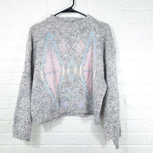 Vintage Tomboy Grey Tweed Cropped Crew Neck Sweater Geometric Pastel Design L